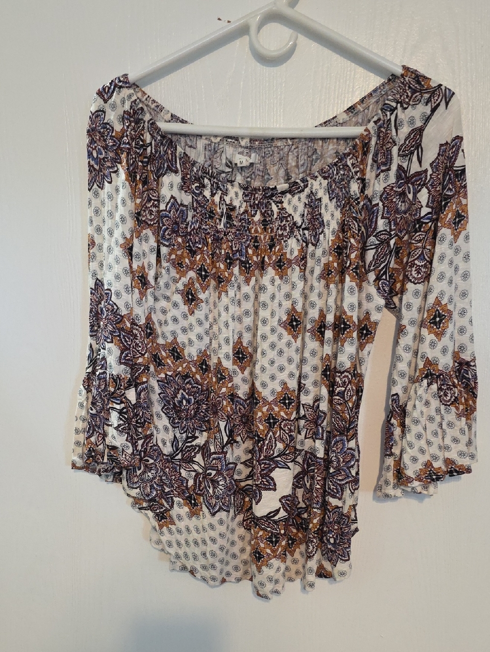 Maurices White Floral Peasant Blouse with Brown & Navy Print